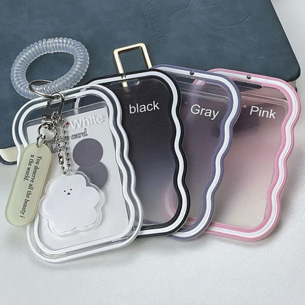 Color: grey - INS Transparent Photocard Holder with Spring Keychain Idol Photo Protective Case 3 Inch Photo Card Holder Student ID Card Cover