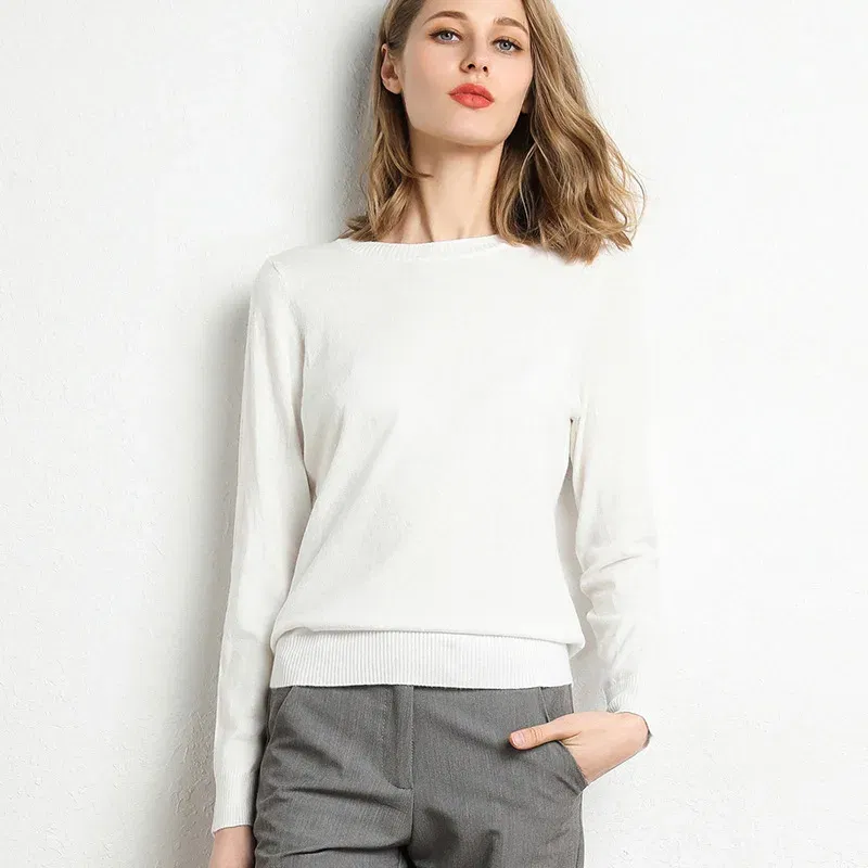 Color: GRAY, Size: S - Women Slim O-Neck Solid Pullover Cashmere Wool Blending Sweater Autumn And Winter Long-Sleeved Knit Bottoming Shirt Large Size