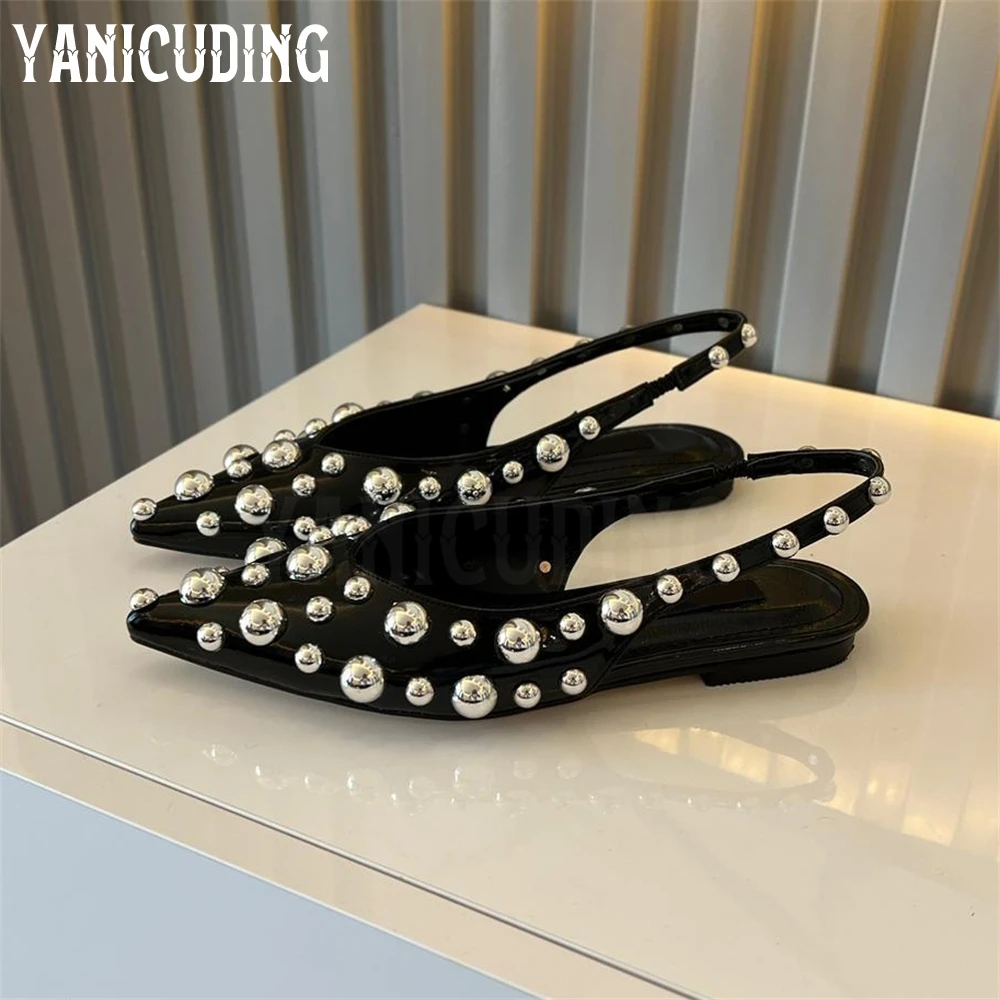 Blue Denim Metallic Beads Ballerinas Pointed Toe Slingback Straps Flats Fashion Handmade Flat Shoes Customizable Slip-On Shoes