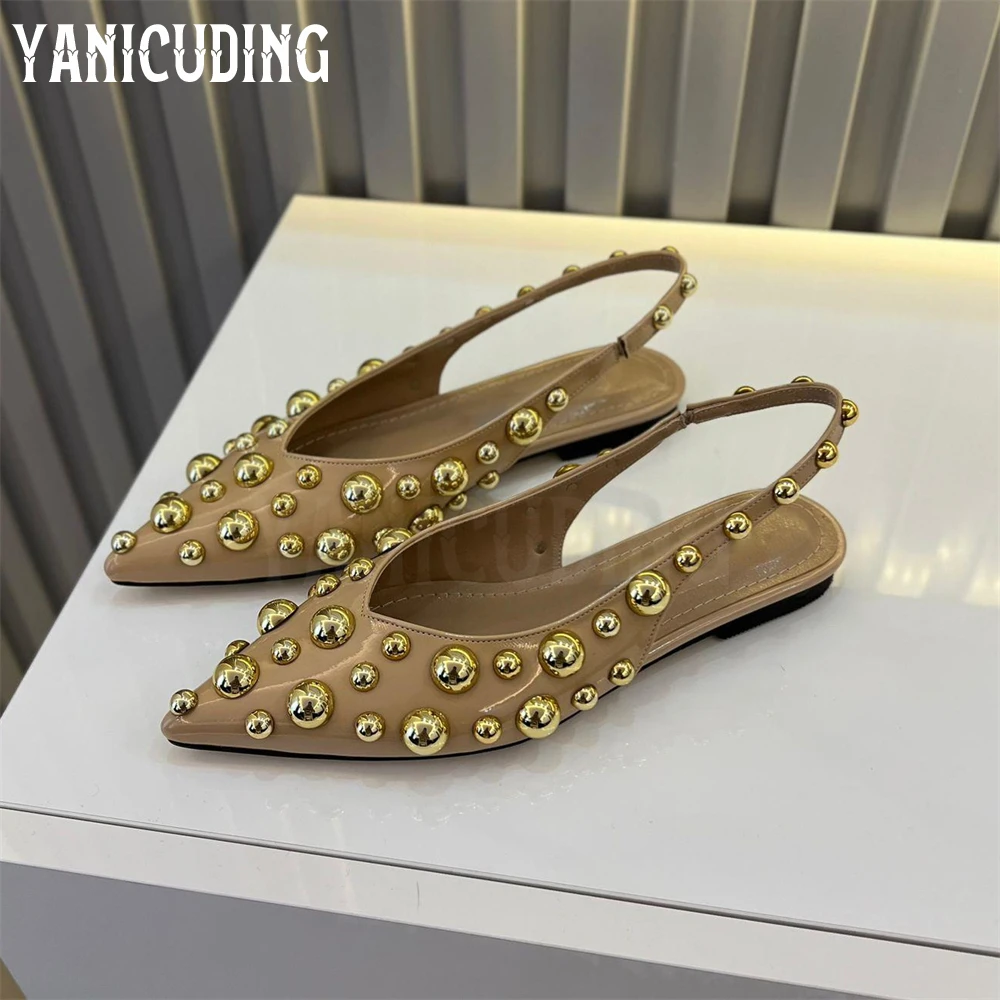 Blue Denim Metallic Beads Ballerinas Pointed Toe Slingback Straps Flats Fashion Handmade Flat Shoes Customizable Slip-On Shoes