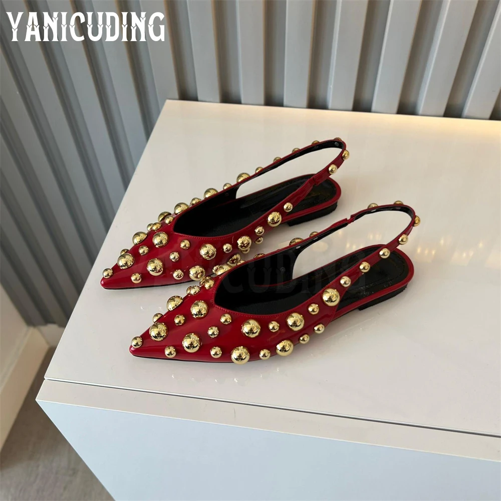 Blue Denim Metallic Beads Ballerinas Pointed Toe Slingback Straps Flats Fashion Handmade Flat Shoes Customizable Slip-On Shoes