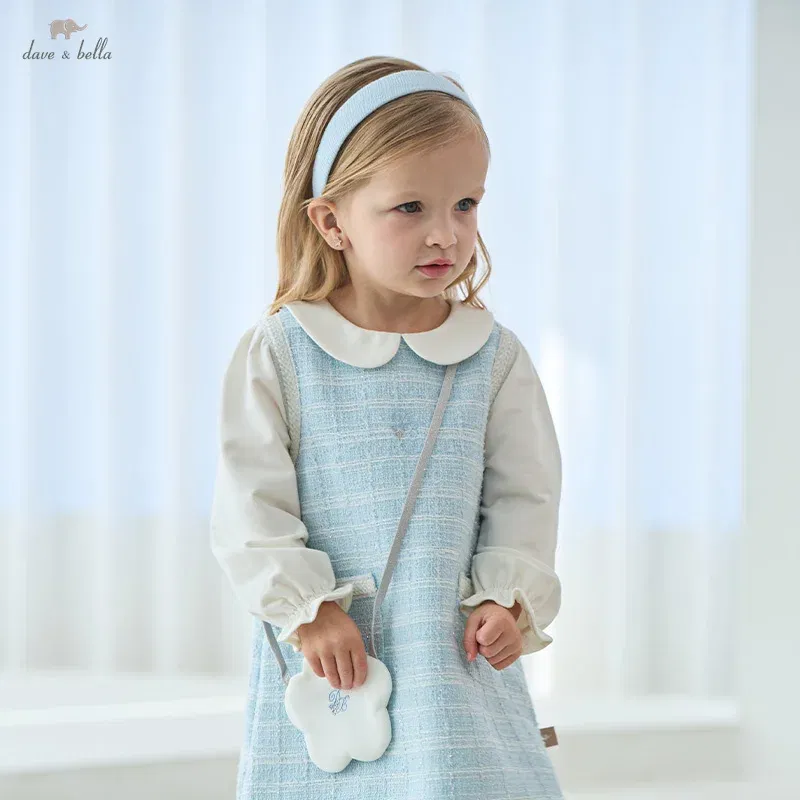 Color: Gold, Kid Size: 24 - Dave Bella Children's Dress 2025 Spring New Girls Baby Gentle Cute Fake Two piece Baby Elegant Princess Dress Party DB1250299