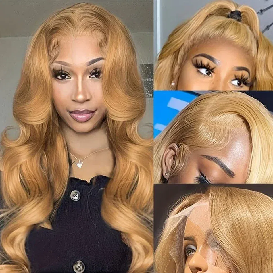13x6 HD Honey Blonde Body Wave Lace Front Wig for Women Pre-Plucked Transparent Lace Frontal Colored #27 Human Hair Wig on Sale