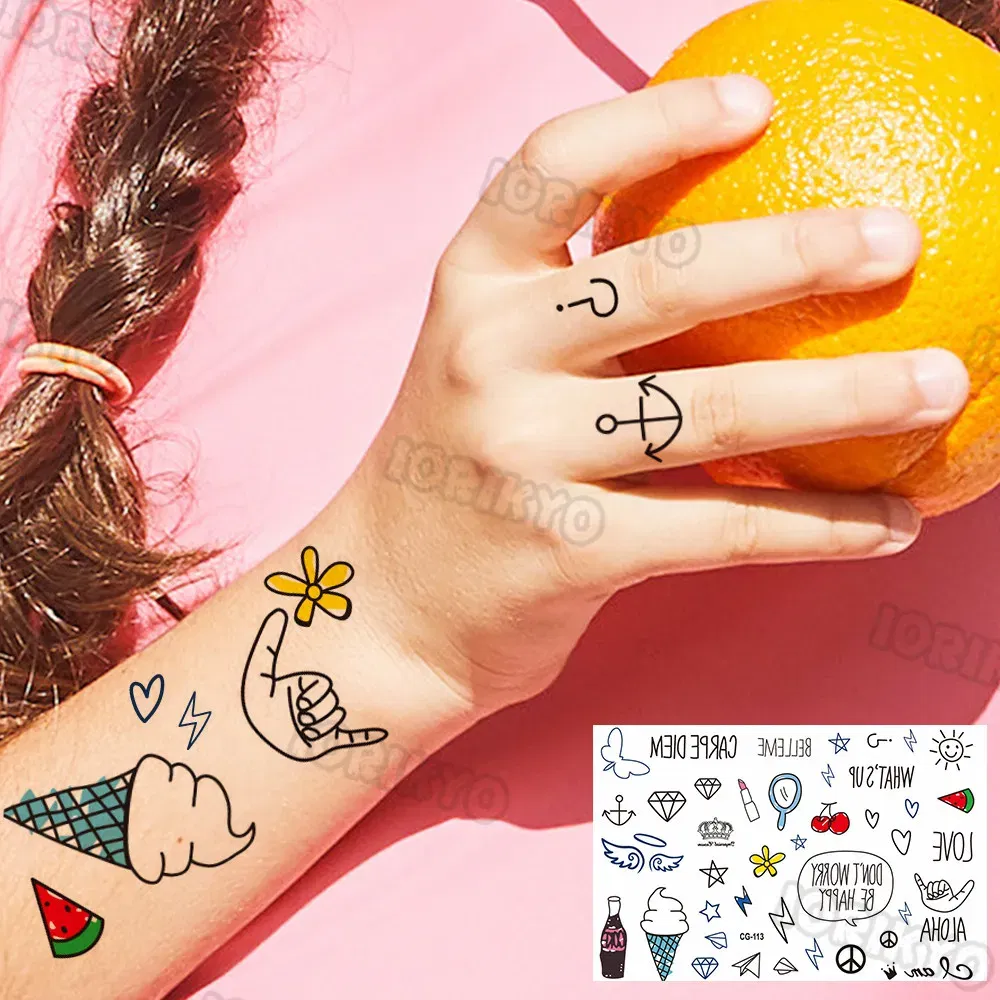 Color: Orange - Summer Style Temporary Tattoos For Kids Adult Boy Girl Fake Ice cream Tattoo Sticker Small Rock Flower Heart Tatoos Hands Finger