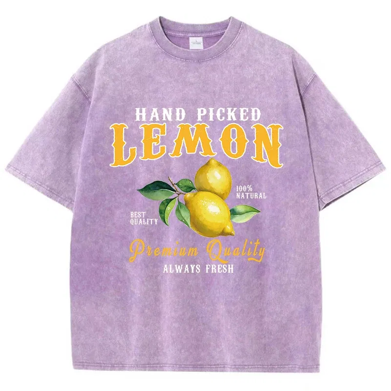 Color: GRAY, Size: M - Summer Lemon Washed T-Shirts Womens Cotton Oversized O-Neck T Shirts Fresh Fruit Prints Tops Casual Short Sleeve Woman Clothes