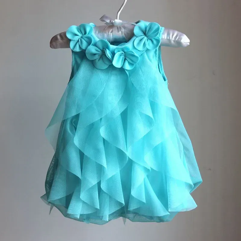 Color: SKY BLUE, Kid Size: 6M - Summer Sleeveless Girls Chiffon Dress Flowers Kids Girl Birthday Party Dresses Baby Clothes Vestidos