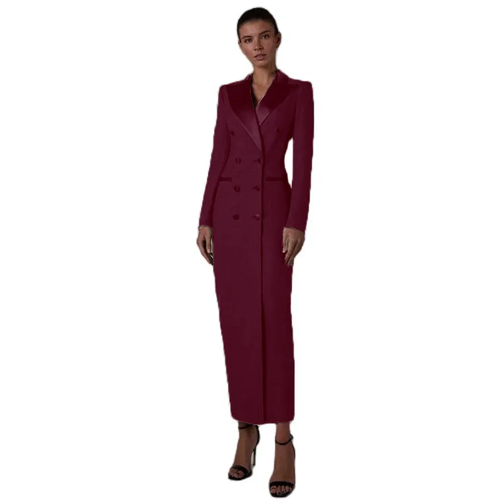 Color: Burgundy, Size: S - Women's Suit Long Jacket One Piece Blazer Double Breasted Formal Tuxedo Party Dress кос?‚юм ?¶?µнский