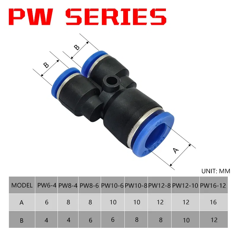 PW Y-type Pneumatic fitting Reducing Tee Straight Through 4 to 12mm plastic hose quick couplings