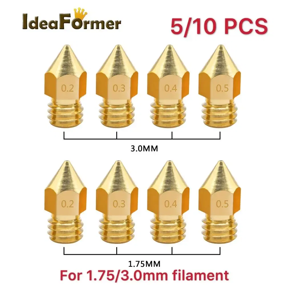 Color: Black, Size: 1.0mm - 5/10pcs MK8 Brass Nozzle 1.75/3.0mm Filament Extruder Print Head Nozzle 0.2/0.3/0.4/0.5mm for CR10 CR10S Ender3 3D Printer Parts