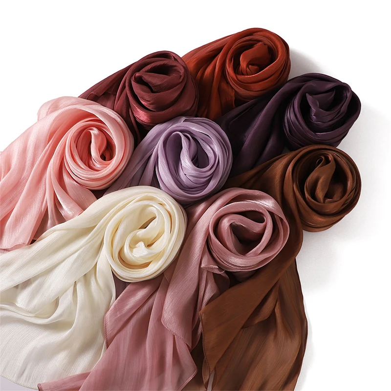 Color: red brown - Solid Luxury Fashion Women Hijab Scarf Long Silk Soft Slippy Comfortable Scarves Shawl Muslim Neckerchief Outdoors Bandanna