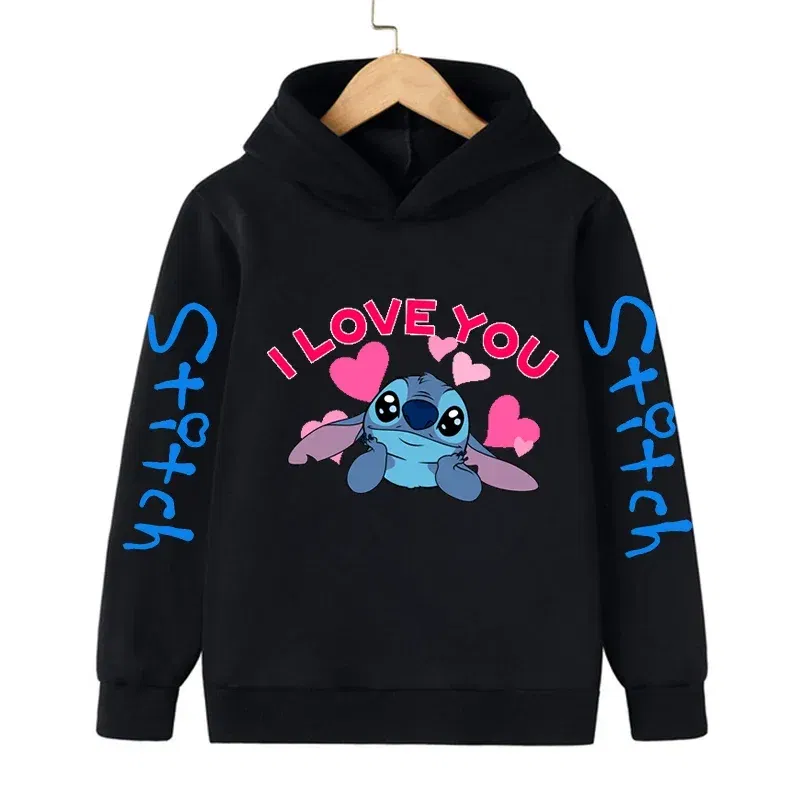 Color: black, Size: 25cm - New in Cool Stitch Hoodie Children Cartoon Clothes Kid Girl Boy Lilo and Stitch Sweatshirt Manga Hoody Baby Casual Top
