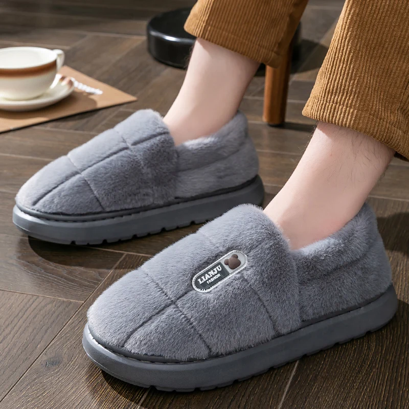 Color: WHITE, Shoe Size: 38-39 - Men's slippers Winter Solid Color Wrap Heels Plush Slippers Non-slip Warm Women Men Home Casual Cotton Shoes Big Size 50 51