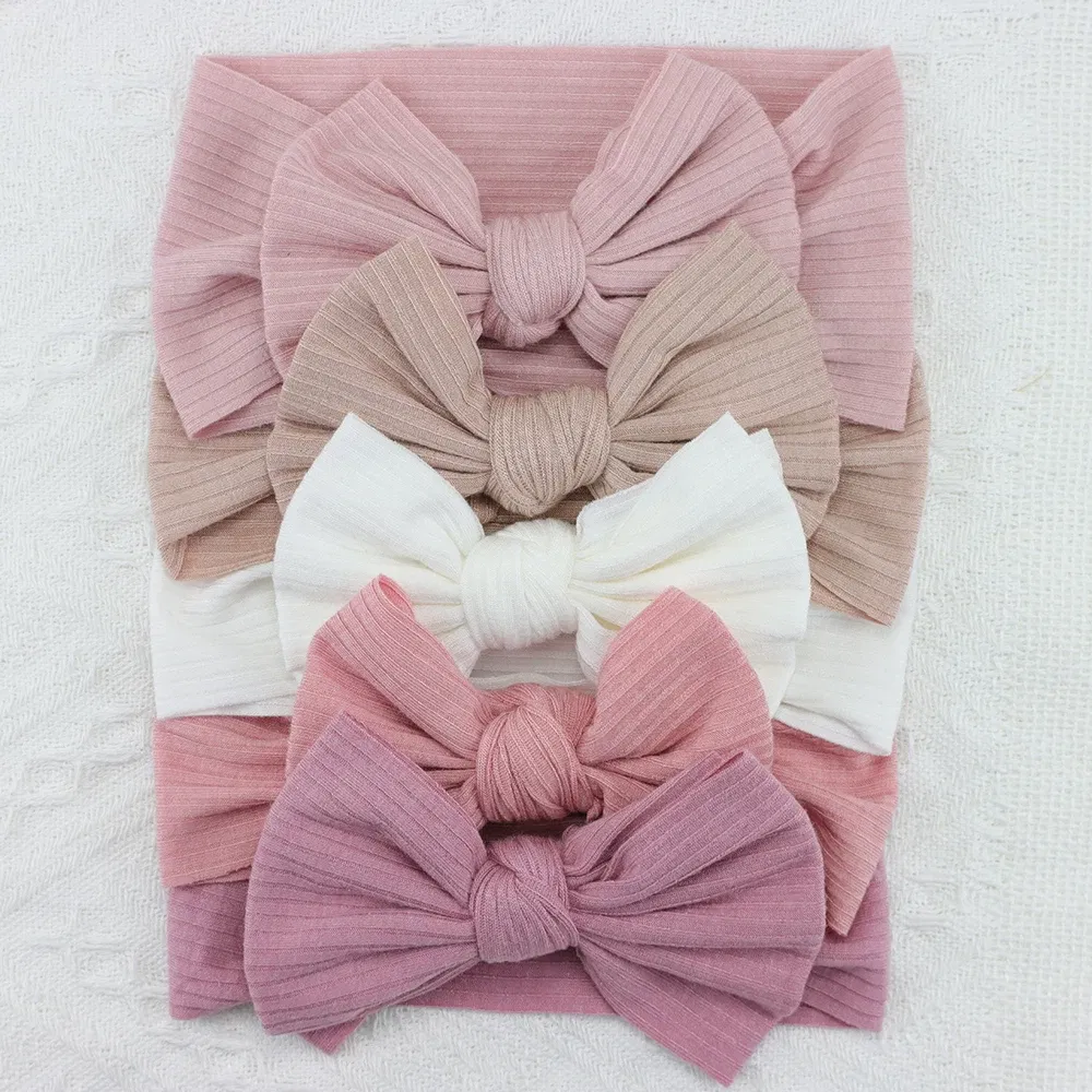 Color: Light Khaki - 5pcs/Lot Cable Knit Bow Baby Headbands Elastic Nylon Baby Girl Headband For Children Turban Newborn Infant Kids Hair Accessories