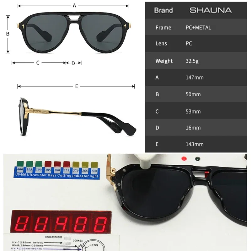 Lenses Color: GRAY, Frame Color: other - SHAUNA Retro Double Bridges Pilot Men Sunglasses Fashion Brand Designer Shades UV400 Trending Rivets Women Luxury Sun Glasses