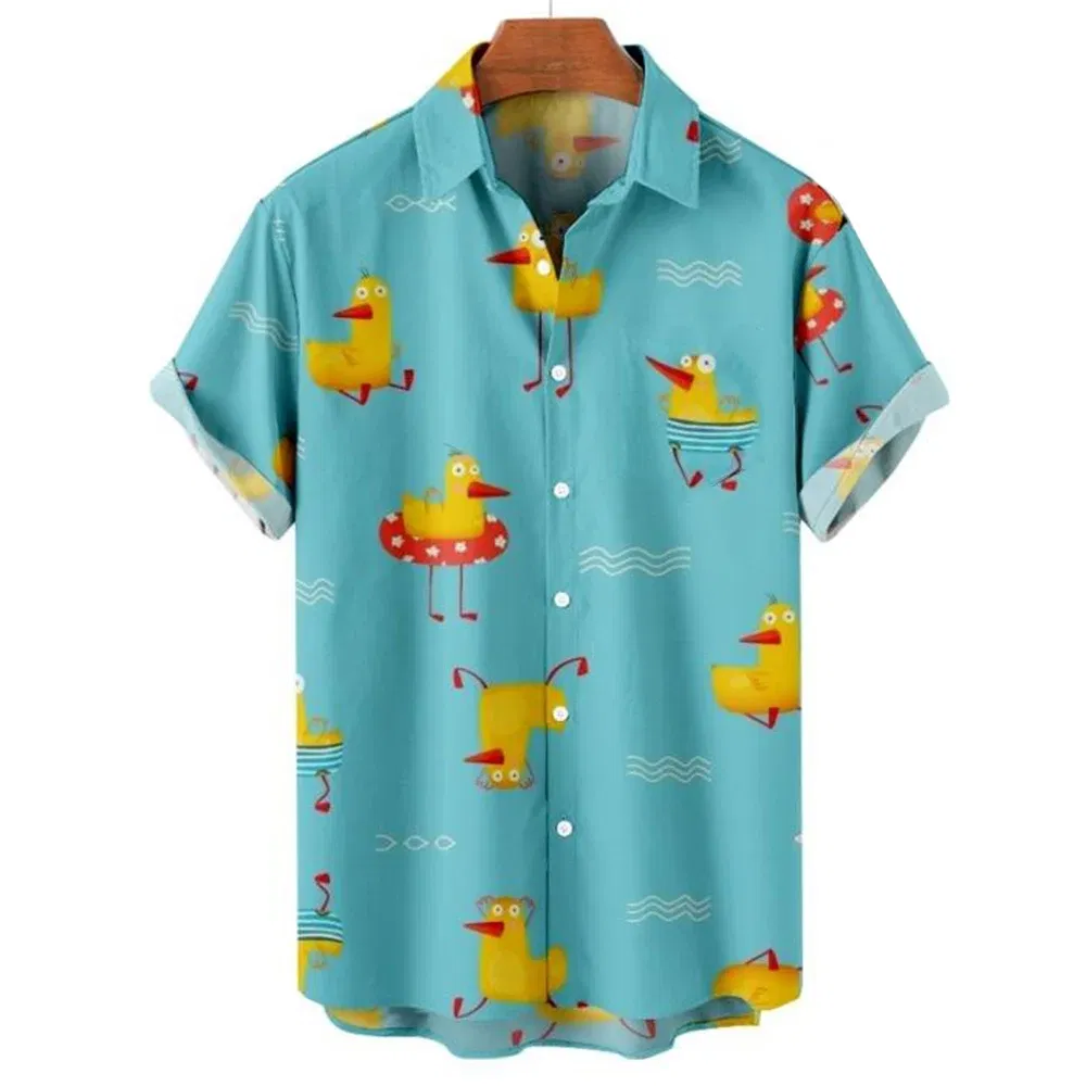 Color: Khaki, Size: 4XL - Duck 3d Print Shirts Men Fashion Hawaiian Shirt Short Sleeve Casual Beach Shirts Boys Single-Breasted Blouse Men's Clothing