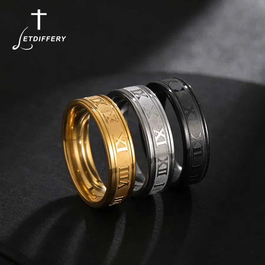 Main Stone Color: Black, Ring Size: 12 and greater - Letdiffery 6mm Punk Roman Numerals Rings High Quality Stainless Steel Women Men Jewelry For Wholesale Dropshipping