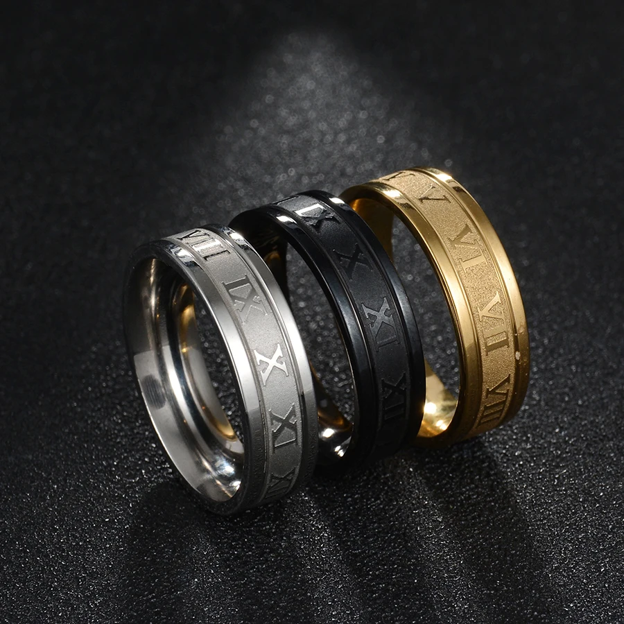 Main Stone Color: Black, Ring Size: 12 and greater - Letdiffery 6mm Punk Roman Numerals Rings High Quality Stainless Steel Women Men Jewelry For Wholesale Dropshipping