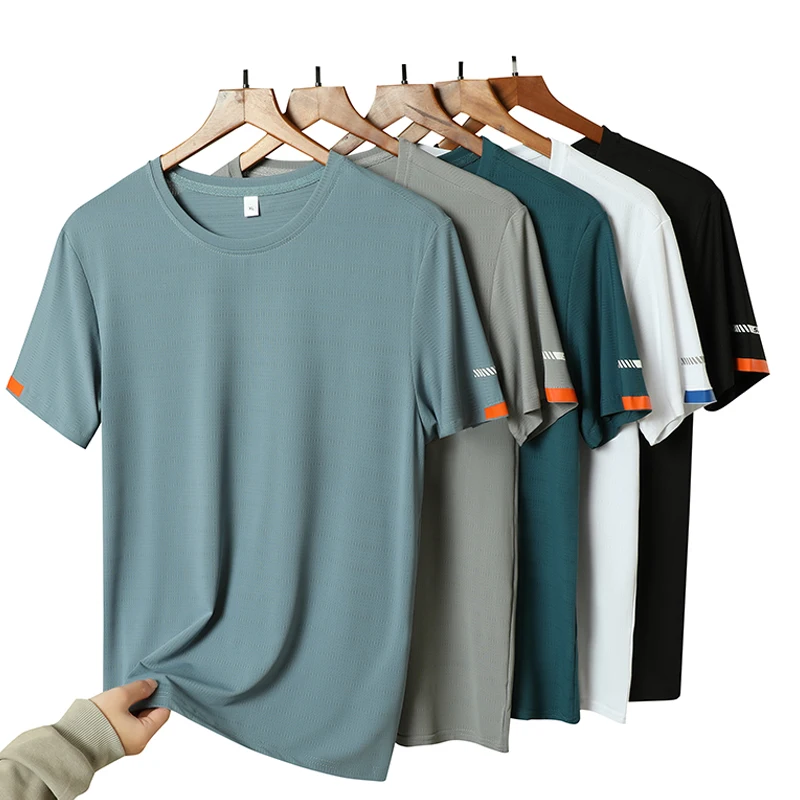 Color: GRAY, Size: 5XL - Men's Silk Ice Round Collar T-shirt, Simple Running Fitness Suit, Breathable Thin T-shirt, Quick Dry T-shirt, Summer