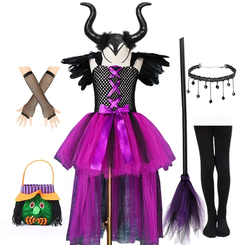 Color: Gold, Kid Size: 9 - Halloween Witch Tutu Dress for Girls Handmade Mesh Bat Wizard Cosplay Costumes with Hat Broom Toddler Evil Party Clothes Set