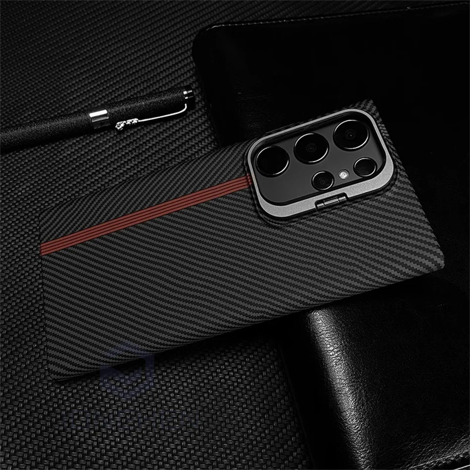 Color: SKY BLUE, Material: Plastic - Magnetic Pixel Carbon Fibre Pattern Slim Case For Samsung Galaxy S24 Plus S23 Ultra Luxury Shockproof Hard Cover Stand Metal Len