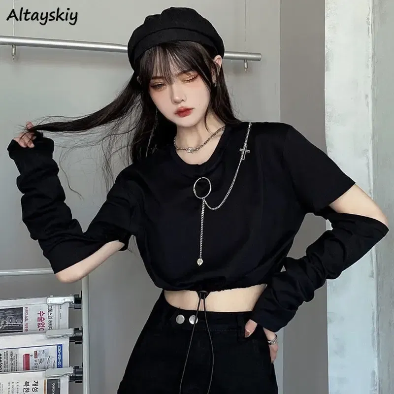 Color: black, Size: L - Solid T-shirts Women Removable Sleeve Sequined Chain Japanese Style Harajuku Trendy Goth Y2k Female Crop Top Hot Sale Popular