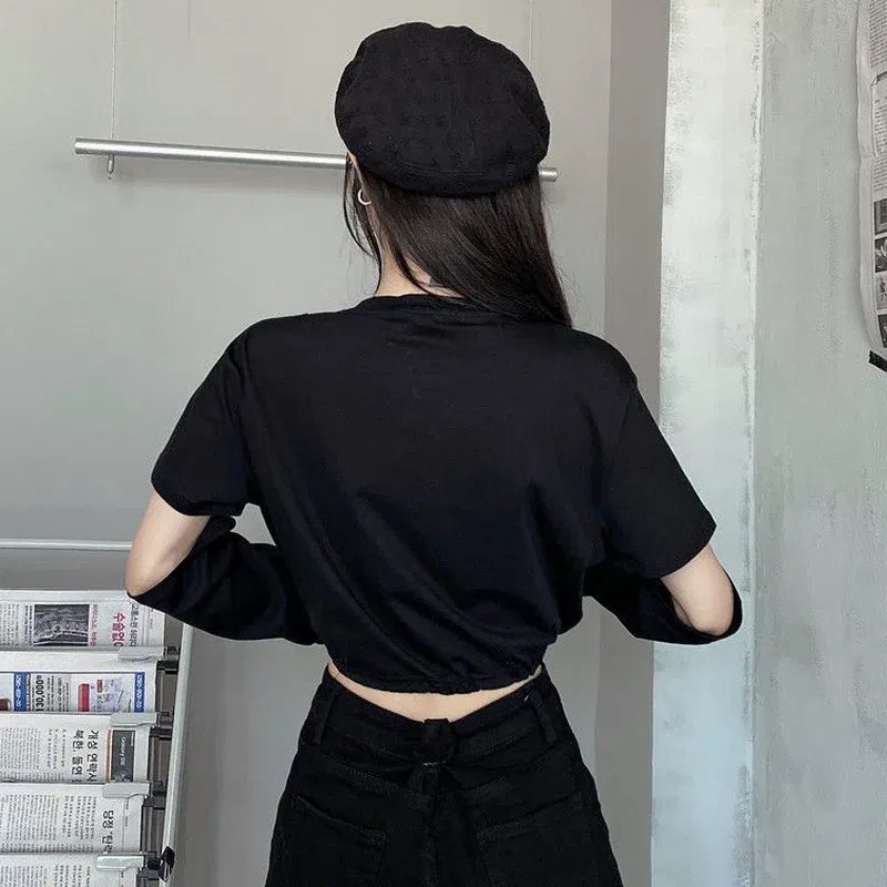 Color: black, Size: L - Solid T-shirts Women Removable Sleeve Sequined Chain Japanese Style Harajuku Trendy Goth Y2k Female Crop Top Hot Sale Popular