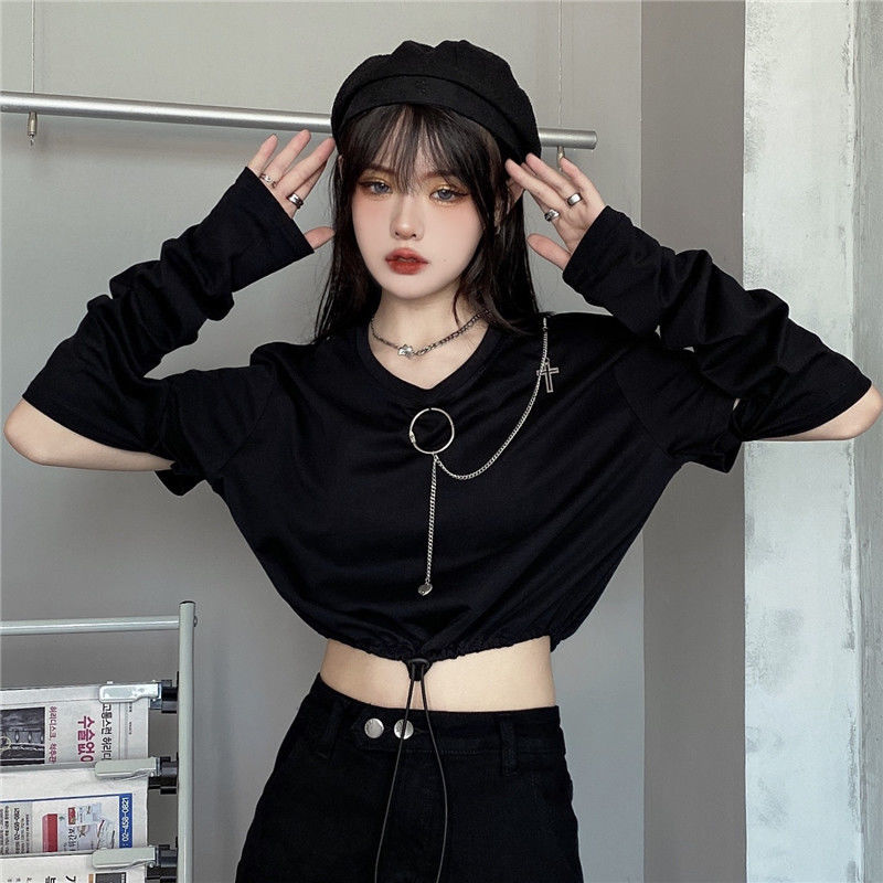 Color: black, Size: L - Solid T-shirts Women Removable Sleeve Sequined Chain Japanese Style Harajuku Trendy Goth Y2k Female Crop Top Hot Sale Popular