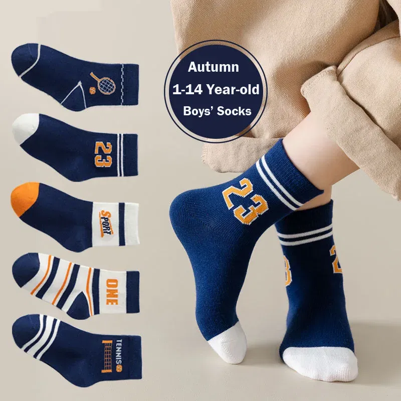 Color: black, Size: 10-12T - 1-14T Kids' Socks Spring Autumn Cotton Socks 5 Pairs/lot Soft Cotton Socks Calf Socks Little Big Boys Crew Sock
