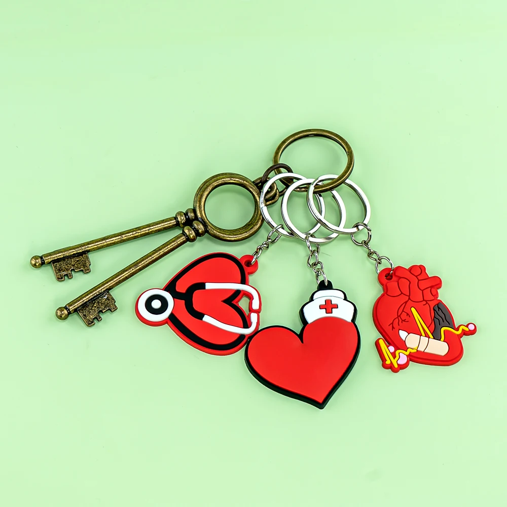 Color: Brown - 1PCS PVC Rubber Hot Keychain for nurses New Design Medicine Style Heart & Brain Car Key Pendant Cute Bag Ornament Gift