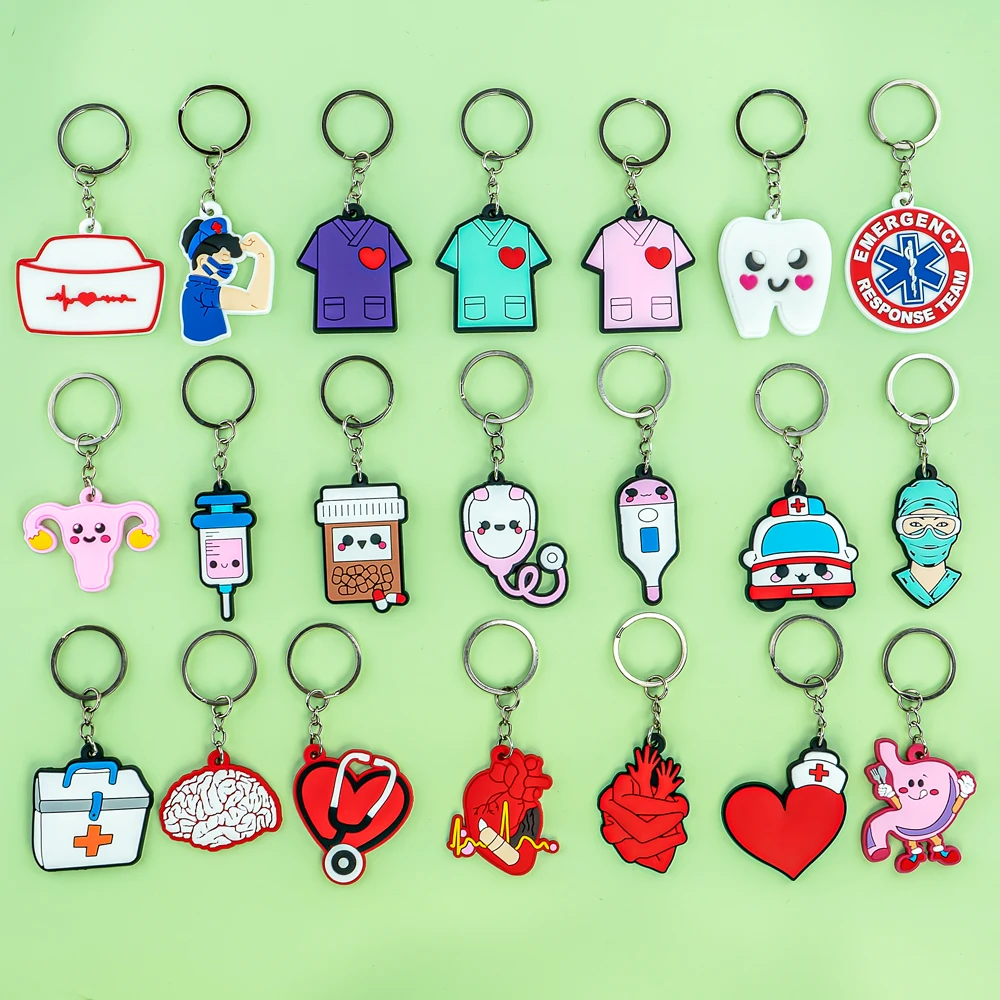Color: Brown - 1PCS PVC Rubber Hot Keychain for nurses New Design Medicine Style Heart & Brain Car Key Pendant Cute Bag Ornament Gift
