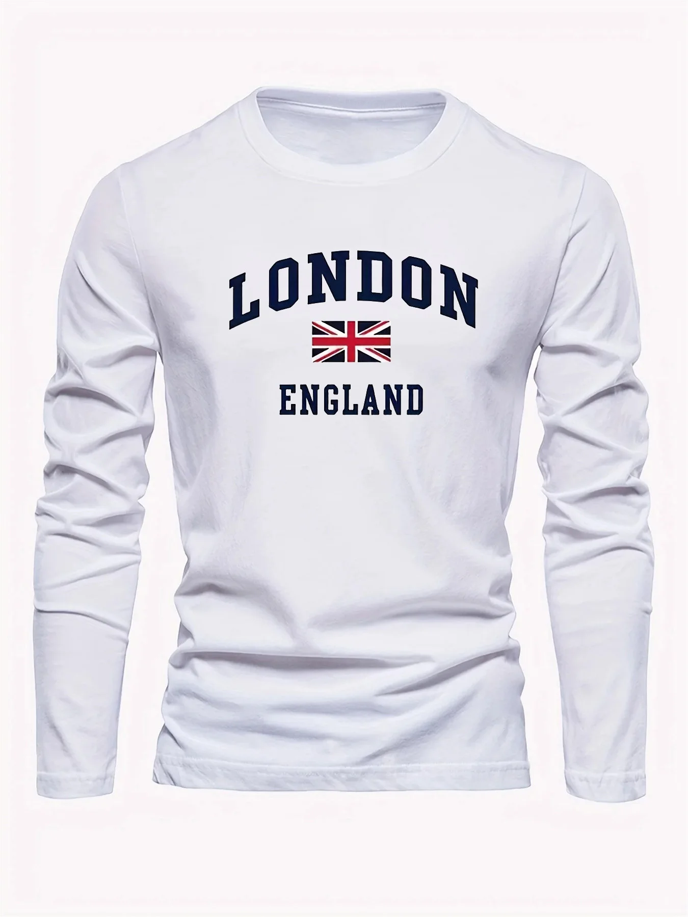 Color: WHITE, Size: XL - Spring and Autumn 100% Cotton Men's London ENGLAND Letter Printed Loose Sport and Leisure Round Neck Long Sleeve T-shirt