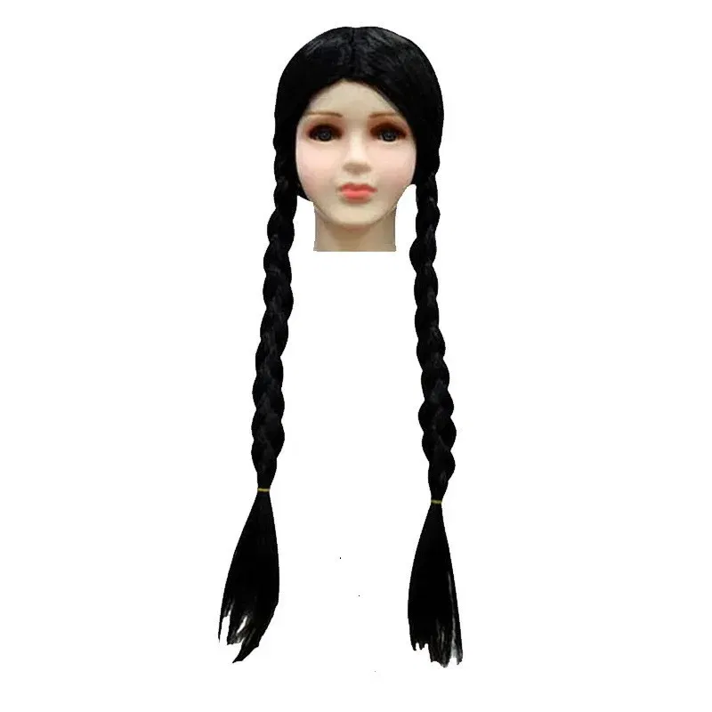 Color: Red - Wednesday Wig For Kids Halloween Wednesday Addams Black Braids Synthetic Hair Cosplay Accessories Crown Necklace Headdress Suit