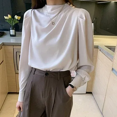 Color: Beige, Size: L, Ships From: CHINA - Spring Autumn Elegant Office Women Shirt Mujer Chic Satin Formal Lantern Sleeve Blouse Tops Loose Pullover Jumper Street Clothes