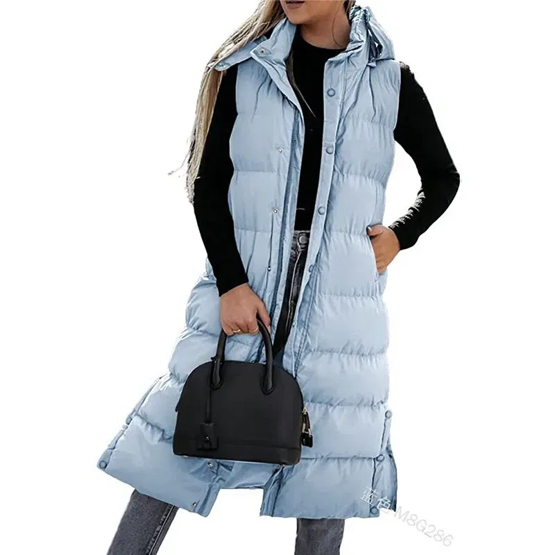 Color: SKY BLUE, Size: L - Hooded Zipper Jacket Women Oversize Waistcoat Winter Outerwear Hooded Parka Fashion Quilted Vest Casual