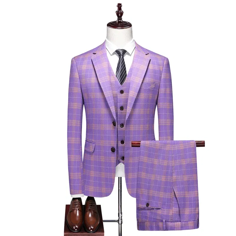 Color: Beige, Size: L - High-End Three-Piece Men's Wedding Suit with Vest And Trousers Fashion Business Casual Groom's Dress All-In-One