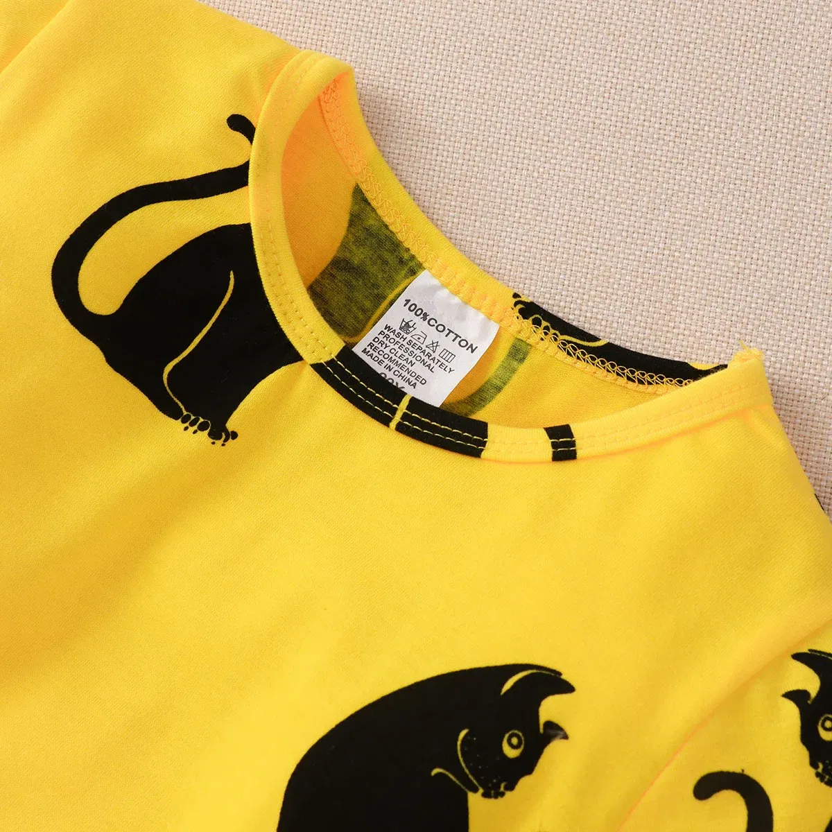 Color: Yellow, Kid Size: 4 - 2024 Children Dress Summer Girl Kids Dress for Very Elegant Party Black Cat Print Splice Belted A-line Skirt Girl Clothing