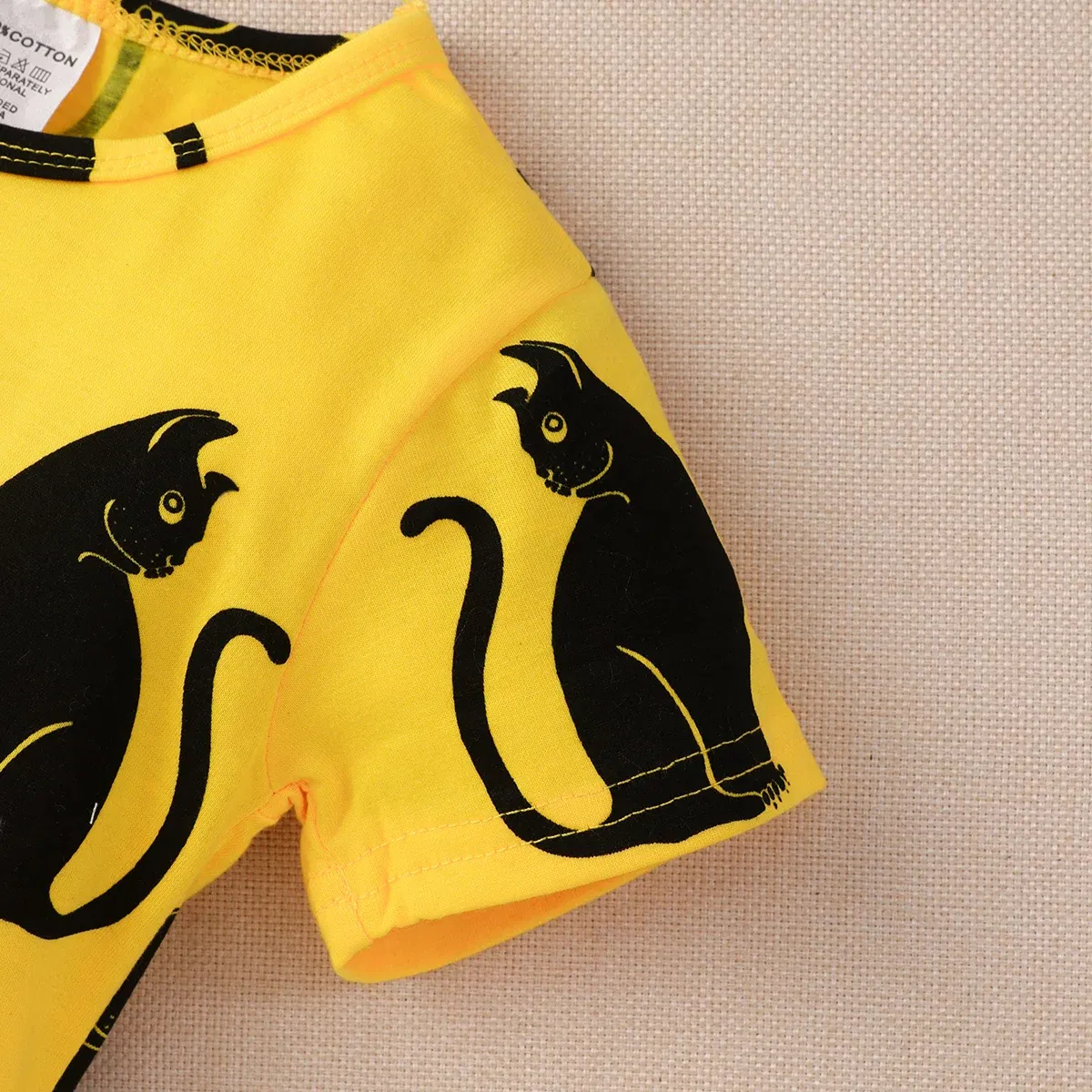 Color: Yellow, Kid Size: 4 - 2024 Children Dress Summer Girl Kids Dress for Very Elegant Party Black Cat Print Splice Belted A-line Skirt Girl Clothing