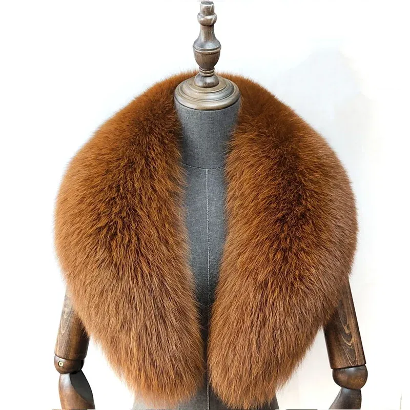 Color: khaki, Size: S - Fox Fur Collar 100% Real Fox Fur Scarf Straight Collar Natural Fur Gray Collar  Large Size Neck Warmer Fur Scarf Shawls