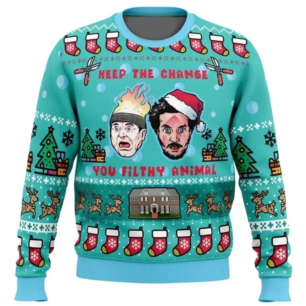 Color: SKY BLUE, Size: M - Home Alone Ugly Christmas Sweater Men Women Pullover Hot Sale Round Neck Long Sleeve Top Christmas Clothing 3D Funny Printed