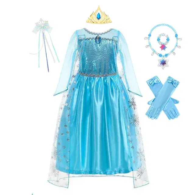 Color: Khaki, Kid Size: 5 - Disney Girls Cospaly Snow Queen Elsa Costumes Kids Carnival Party Prom Gown Robe-Playing Children Clothes Frozen Princess Dress
