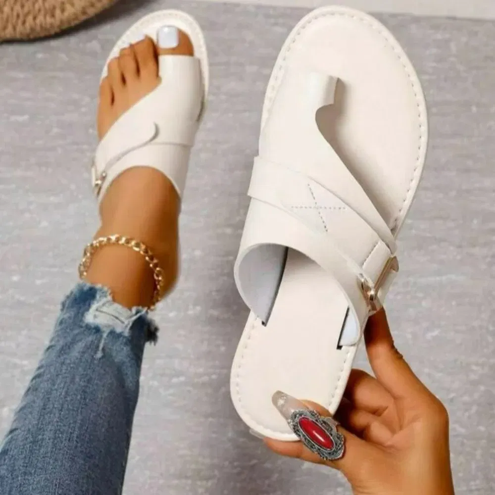Color: Beige, Shoe Size: 40 - Women Slippers Outdoor Casual Beach Women Shoes Summer New Flats Flip Flop Sandals Walking Clip Toe Rome Buckle Ladies Slides
