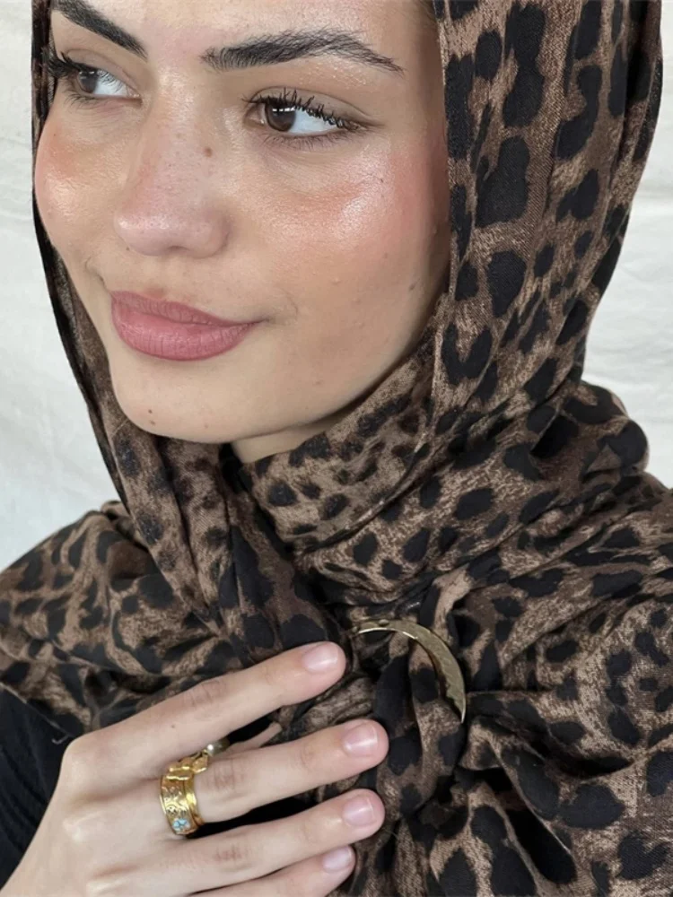 Color: Champagne - 1Pcs Ramadan Hijab Leopard Print Women Bohemian Watercolor Soft Muslim Hijabs Floral Breathable Shawl Wrap Scarf Headscarf Warm