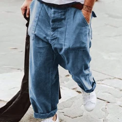 Men's Casual Solid Color Cotton Linen Large Pockets Pants
