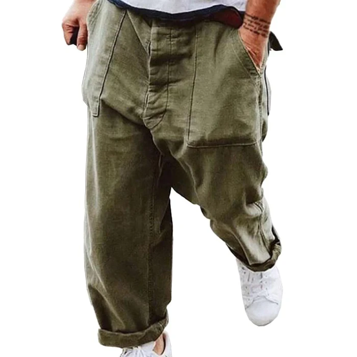 Men's Casual Solid Color Cotton Linen Large Pockets Pants