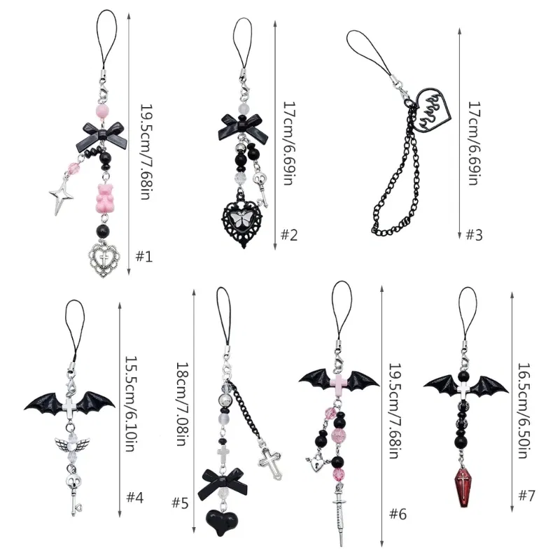 Color: Silver - Goth Y2K Phone Charm Pendant Kawaii-Key Chain For Bag Cute Accessory Women Guitar Strap Lanyard Beaded Keychain Pendant