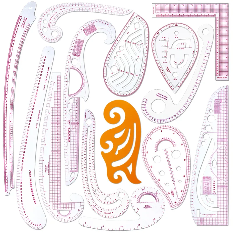 Color: Red - Empire sewing ruler and French curve, used for pattern making drafting, transparent plastic fashion designer ruler pieces assemb