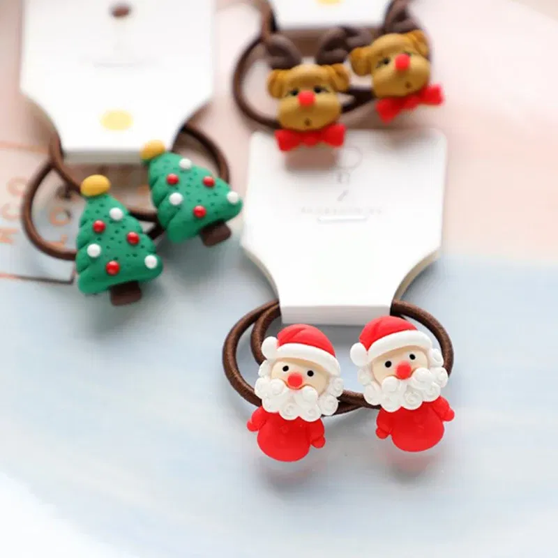 Color: Dark Grey - 2Pcs Cute Cartoon Christmas Elk Scrunchies Girls Hair Rope Ponytail Holder Elastic Hair Bands Hair Ties Fashion Hair Accessories