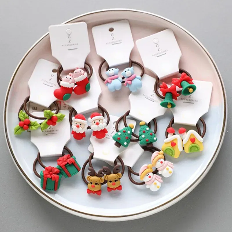 Color: Dark Grey - 2Pcs Cute Cartoon Christmas Elk Scrunchies Girls Hair Rope Ponytail Holder Elastic Hair Bands Hair Ties Fashion Hair Accessories