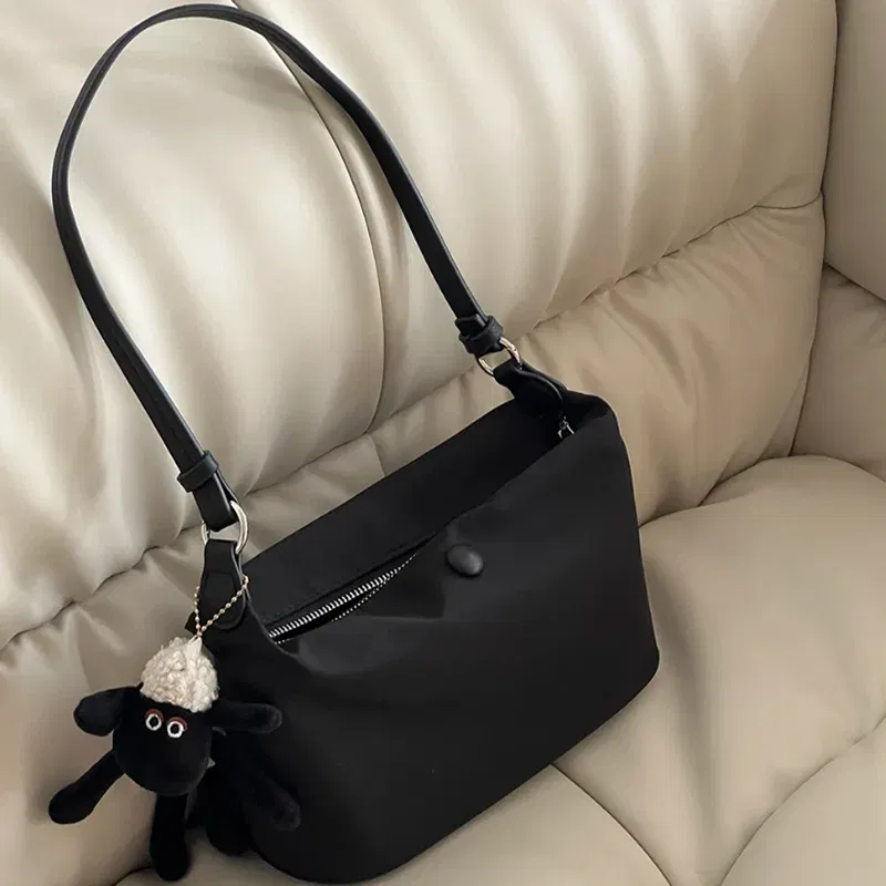 Color: Beige - Homemade Baby Pink Nylon Fabric Underarm Bag Korean New Inner Lightweight Texture Small Bag Full with Shoulder Handbag