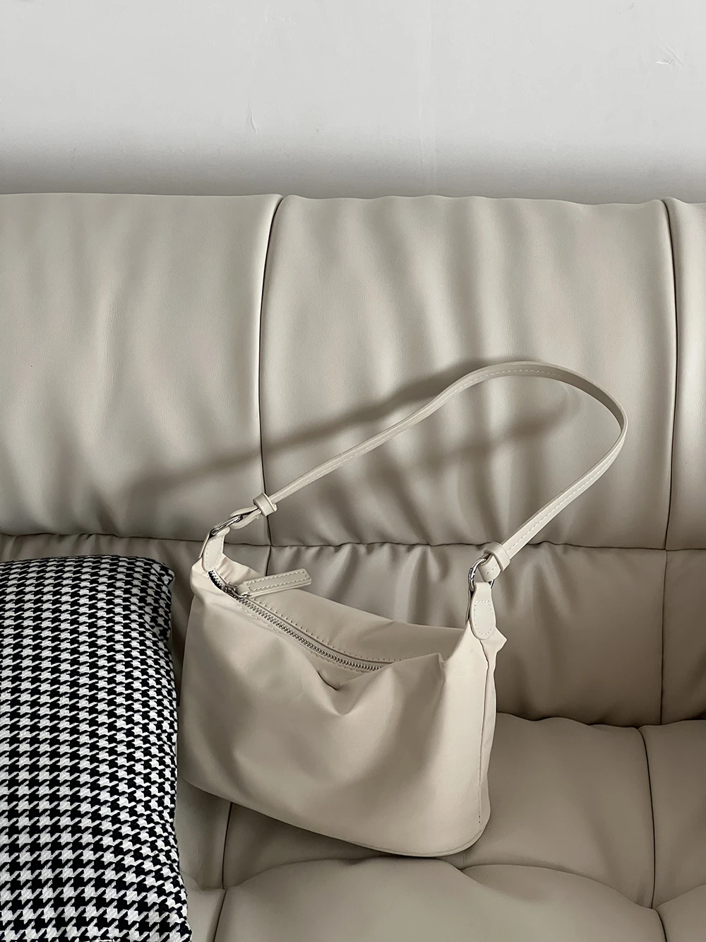 Color: Beige - Homemade Baby Pink Nylon Fabric Underarm Bag Korean New Inner Lightweight Texture Small Bag Full with Shoulder Handbag